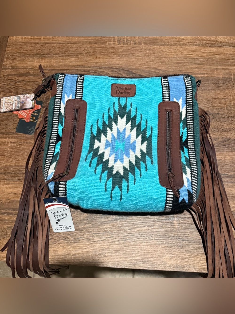 American Darling Turquoise Aztec Fringe Shoulder Bag with Brown Trim NEW W/TAGS